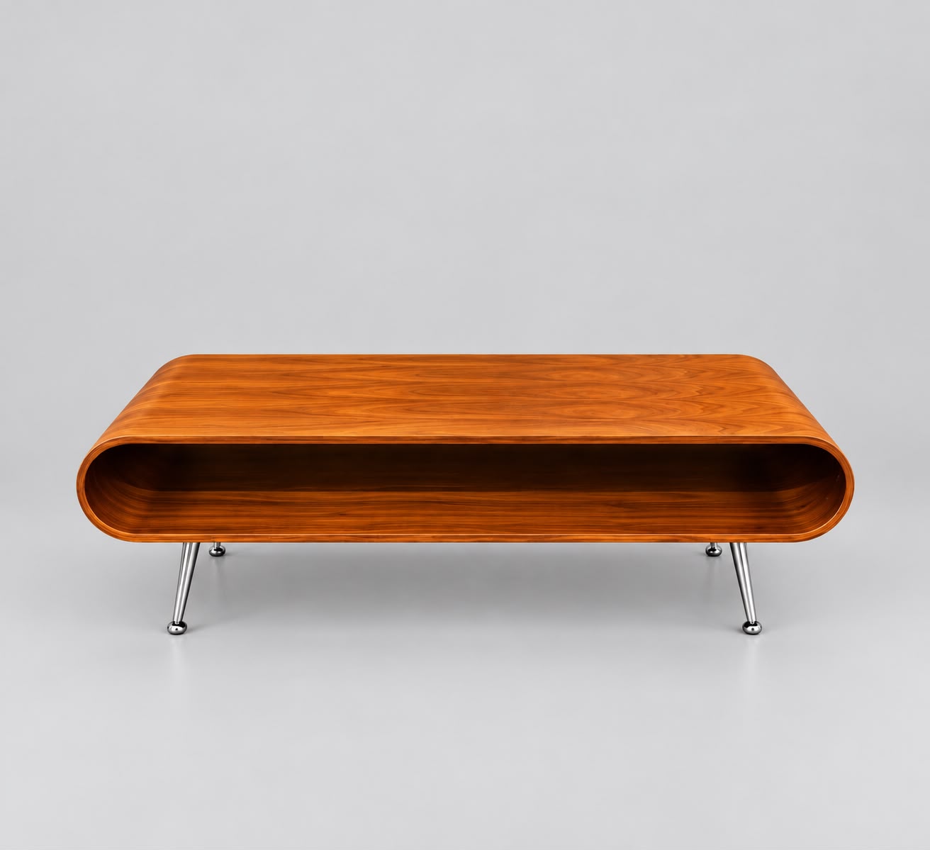 Bentwood walnut coffee table on chrome legs