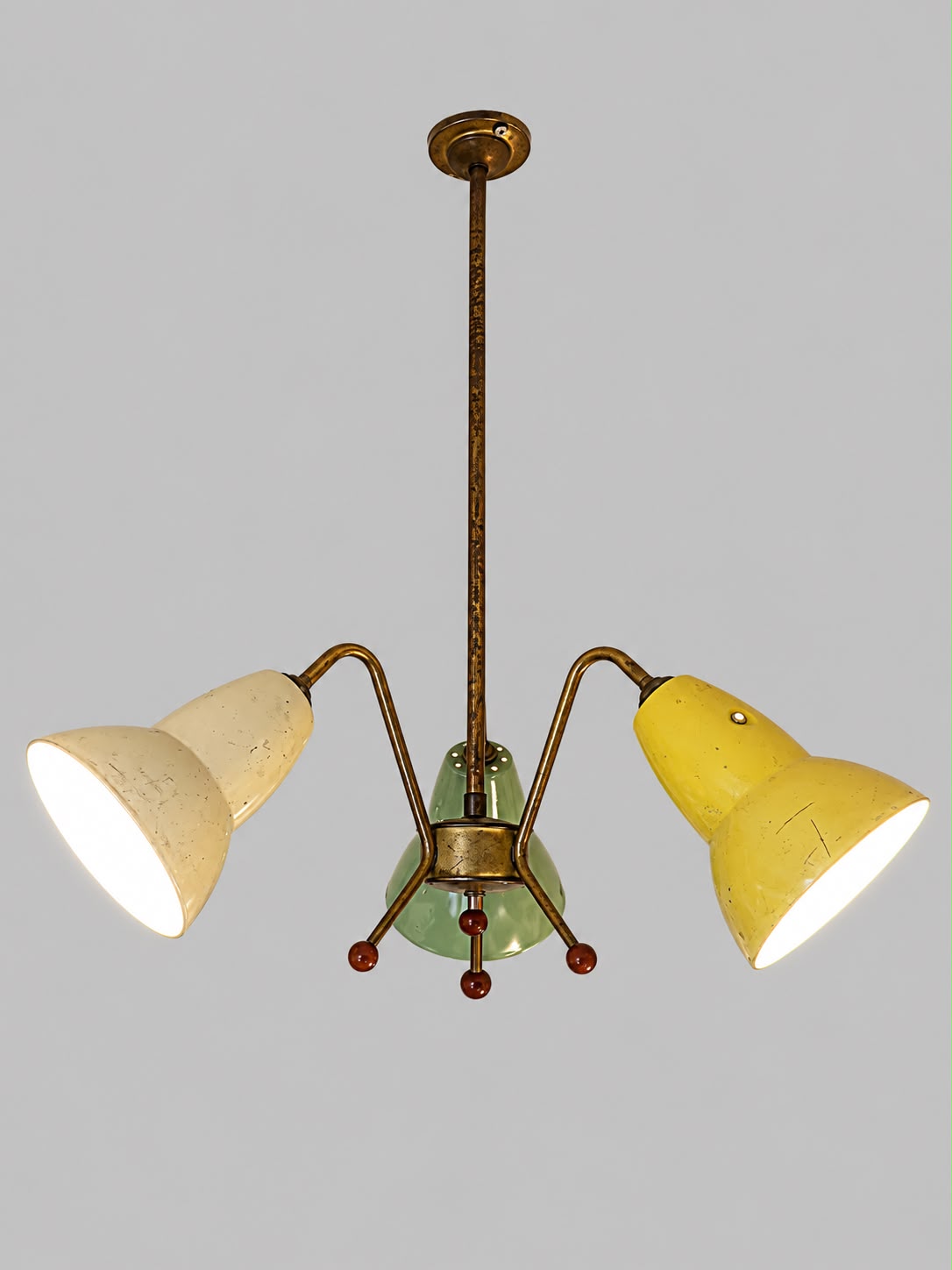 Mid-century three-arm brass ceiling light with cream, mint and yellow shades